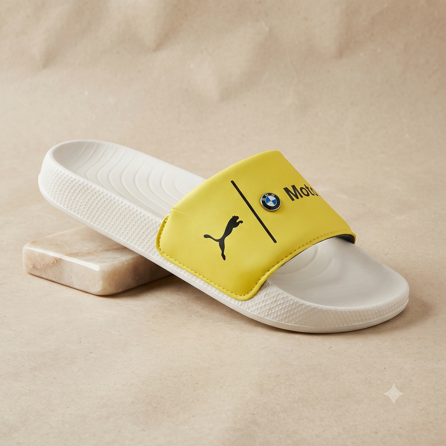 Premium Yellow Motorsport-Inspired Casual Sliders for Men – Cushioned Comfort & Stylish Everyday Slip-On Sandals