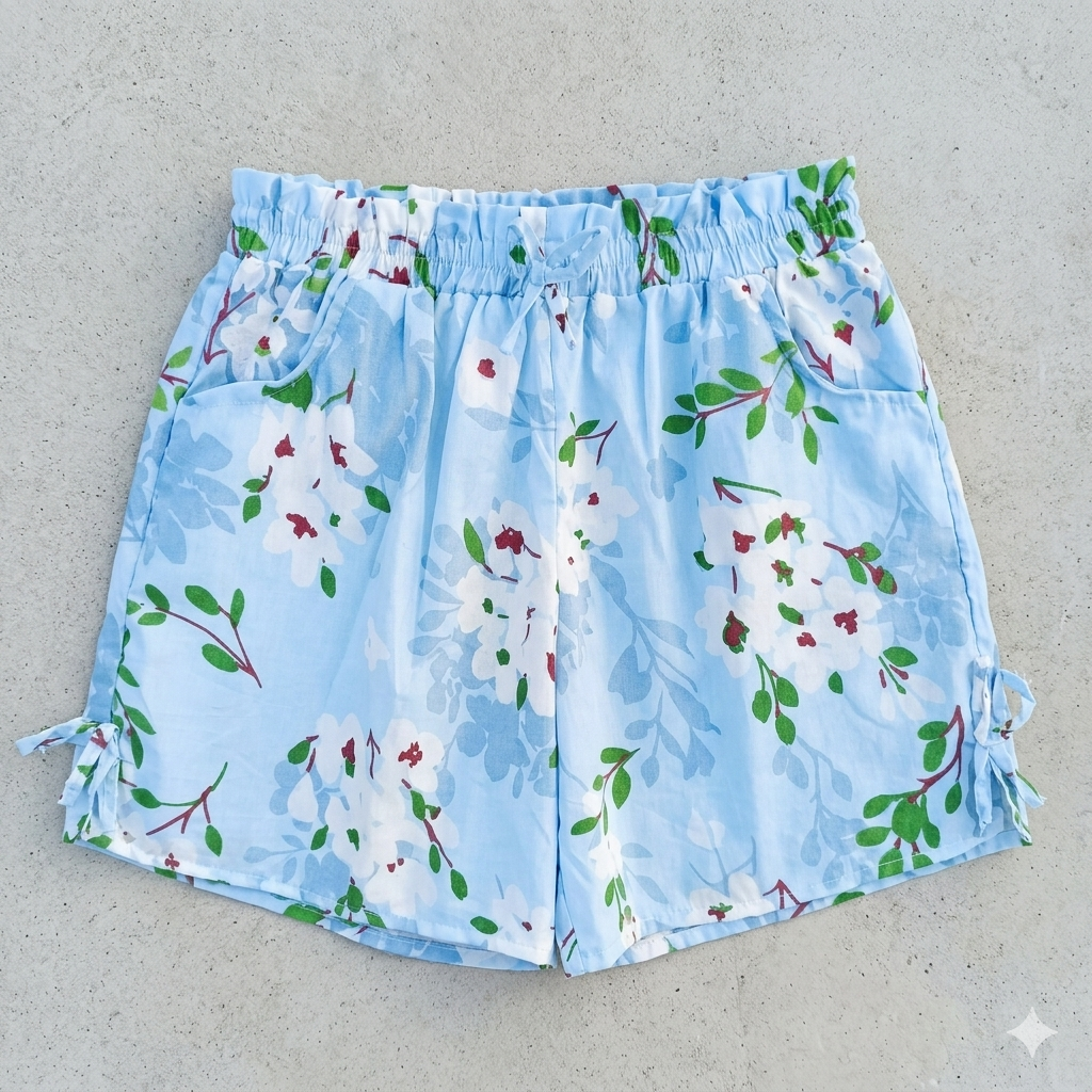 Azure Blossom Floral Print High-Rise Shorts with Side Tie Detail