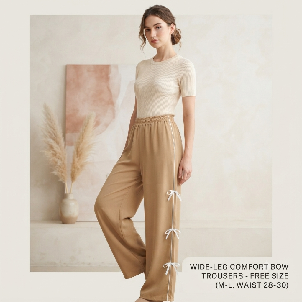 Women’s Elegant Beige Track Pants / Wide-Leg Trousers with Elastic Waist & Bow Trim