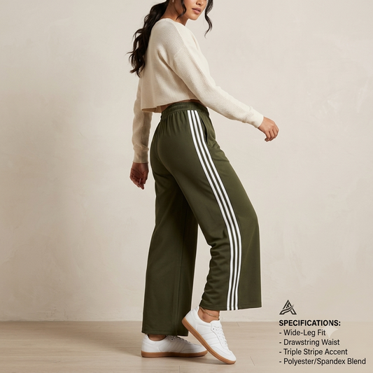 Women’s Olive Green Wide-Leg Track Pants with Side Stripe | High-Waist Casual Lower
