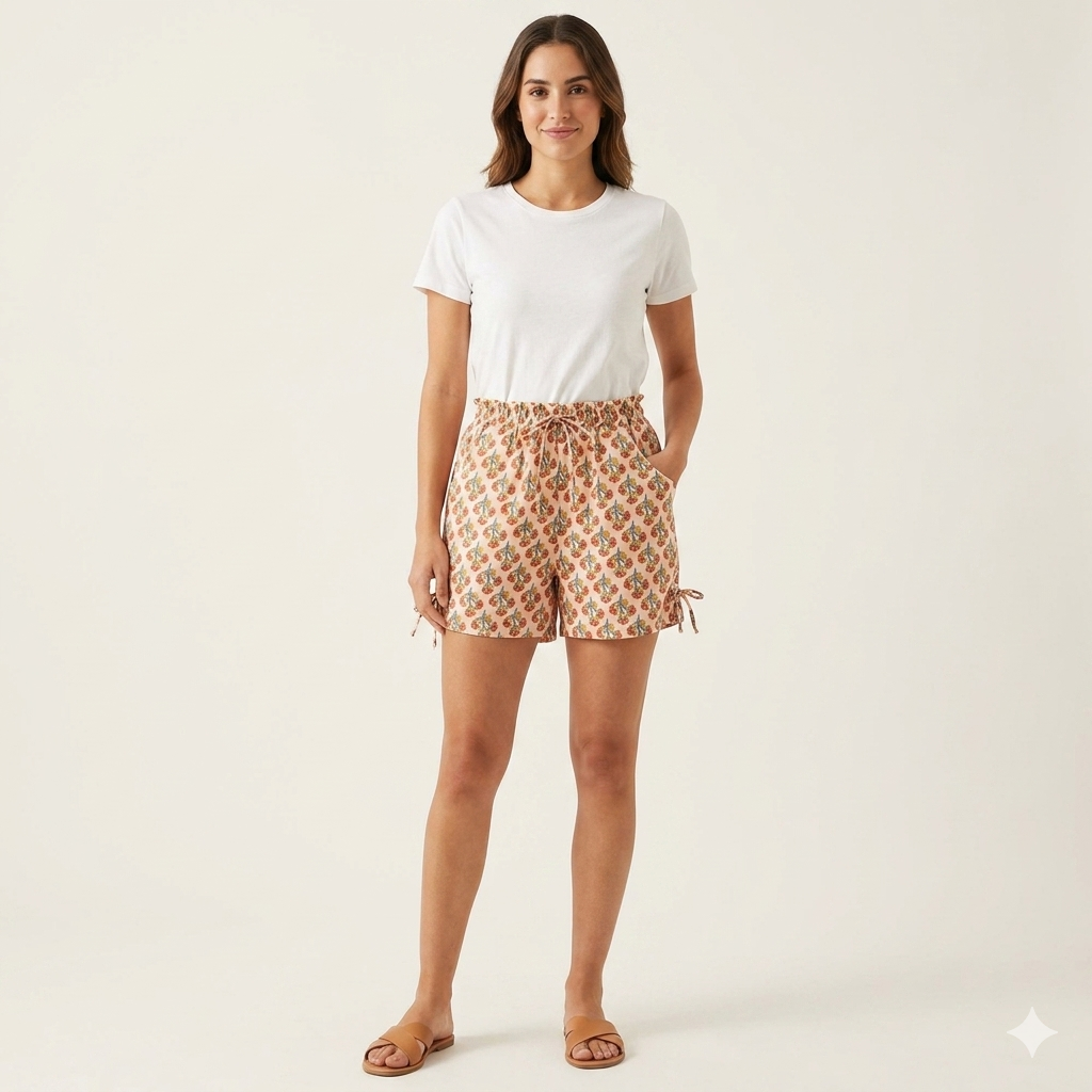 Women’s Floral Print Cotton Lounge Shorts with Side-Tie Detailing
