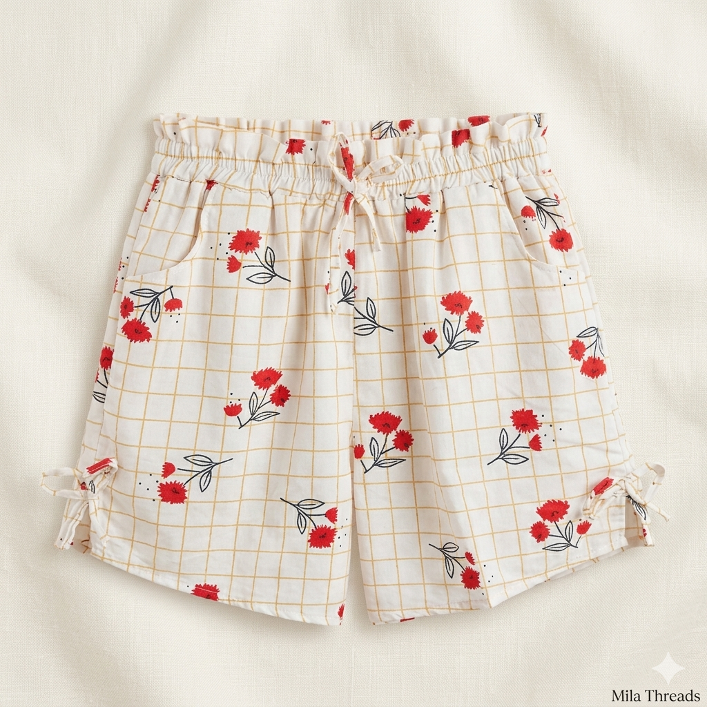 Mila Threads Women’s Floral Grid Paperbag Waist Shorts