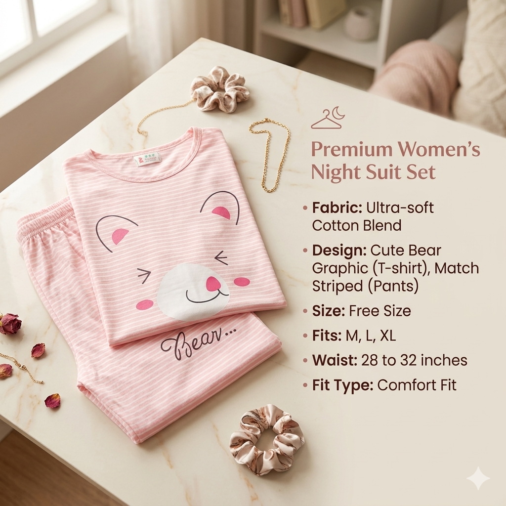 Women’s Soft Cotton Blend Cute Bear Striped Nightsuit Set – T-Shirt & Pyjama Lounge Wear