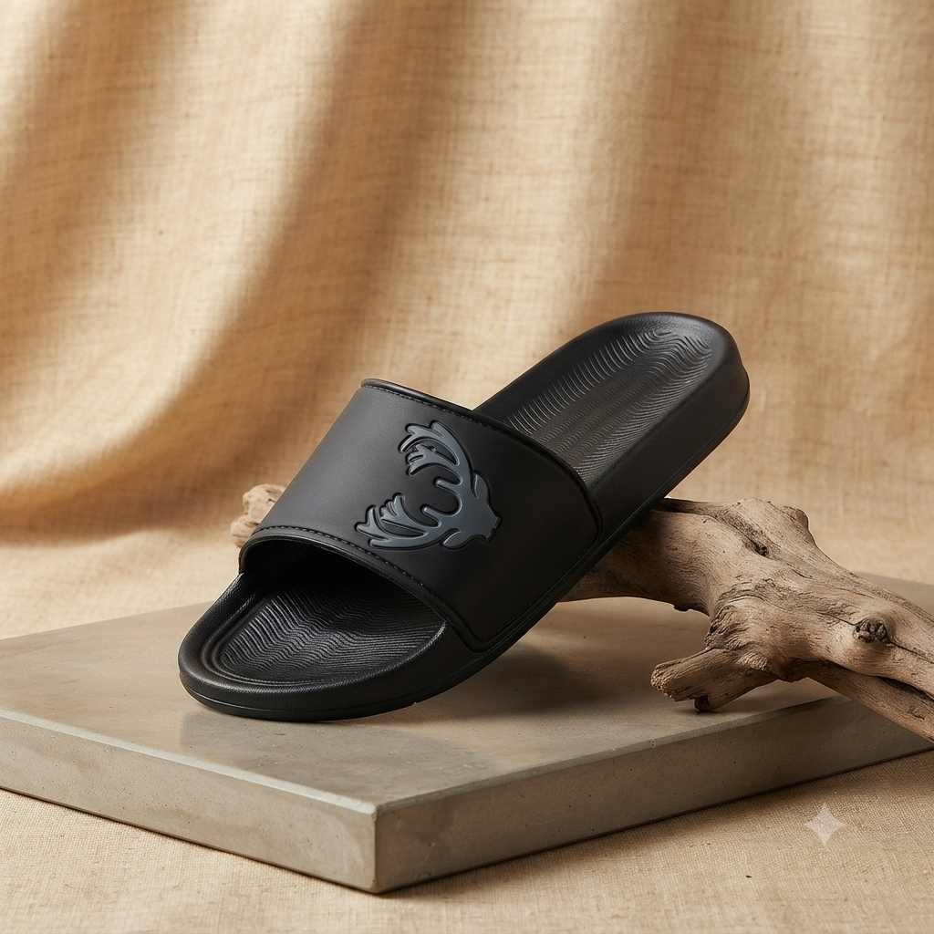 Premium Black Comfort Slide Slippers for Men & Women – Stylish Embossed Design Casual Slip-On Sandals