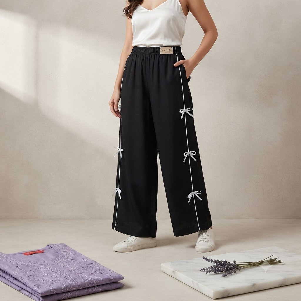 Stylish High-Waist Wide-Leg Lower for Women – Black with White Bow Accent