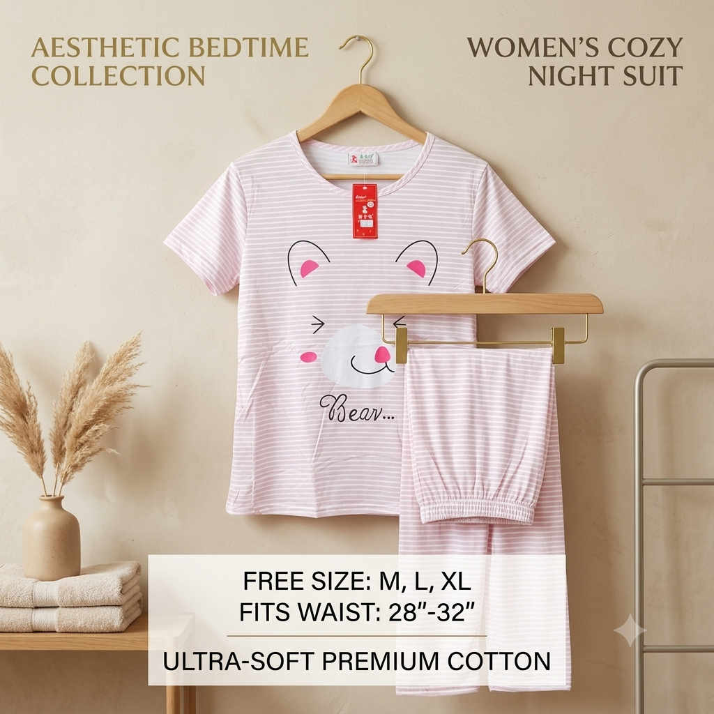 Women’s Soft Cotton Blend Cute Bear Striped Nightsuit Set – T-Shirt & Pyjama Lounge Wear
