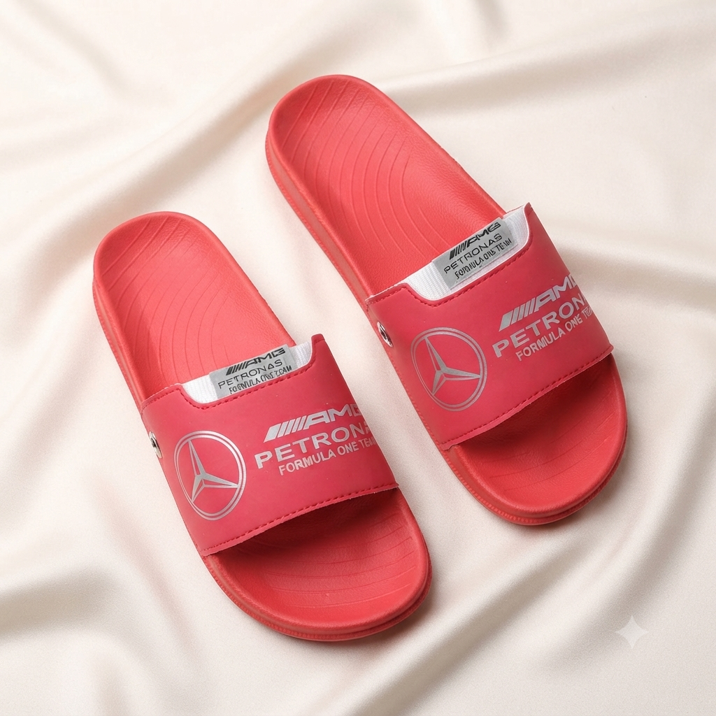 Premium Red Motorsport Formula One Style Men’s Sliders | Cushioned Casual Slip-On Sandals