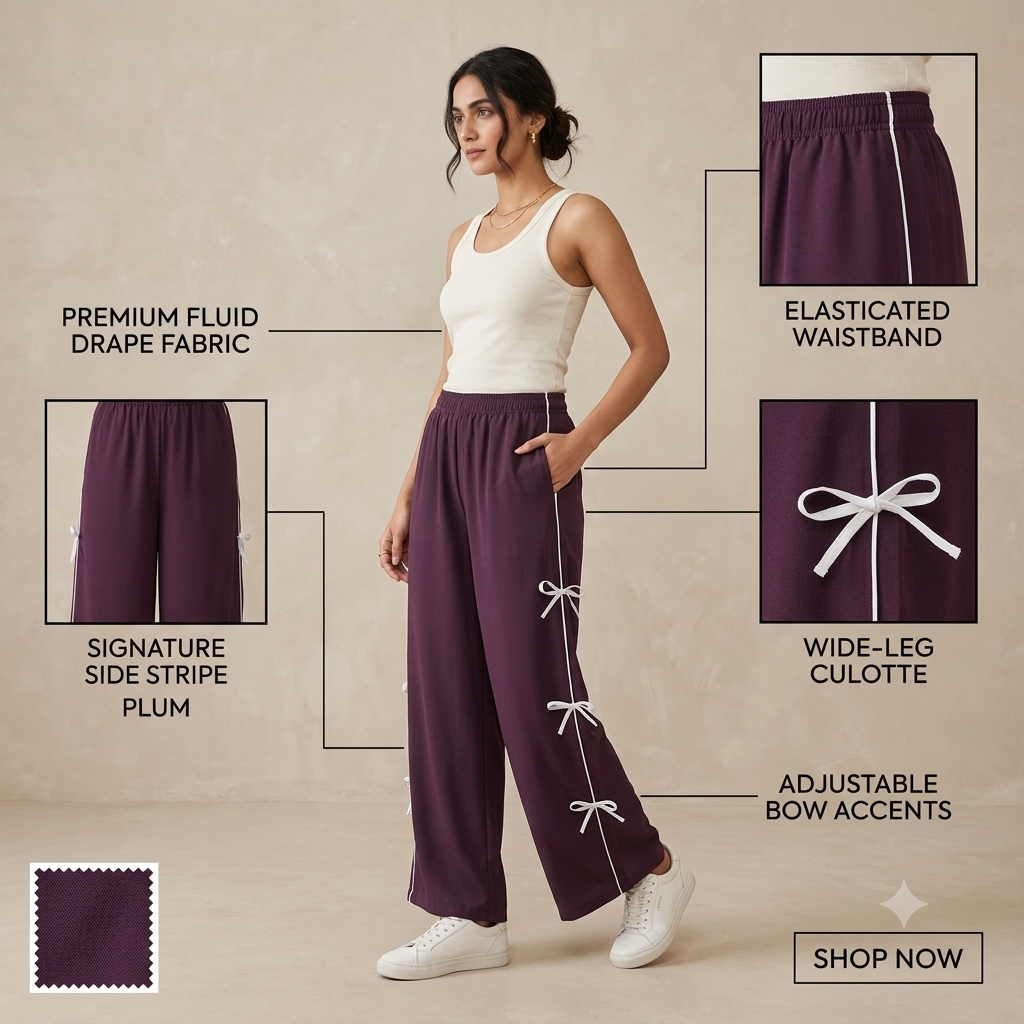 Trendy Bow Accent Wide-Leg Trousers for Women – Deep Wine