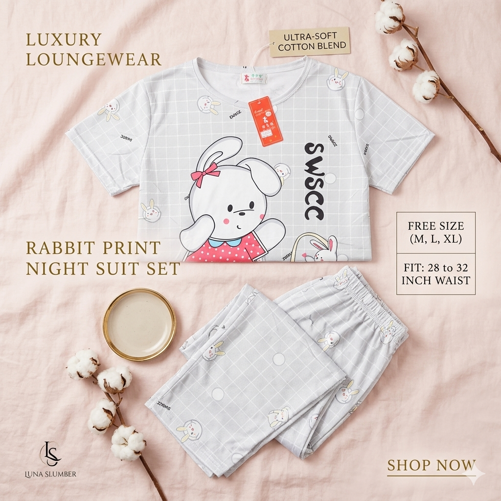 Ultra-Soft Cotton Blend Bunny Graphic Nightsuit for Women | Short Sleeve Top & Pajama Set