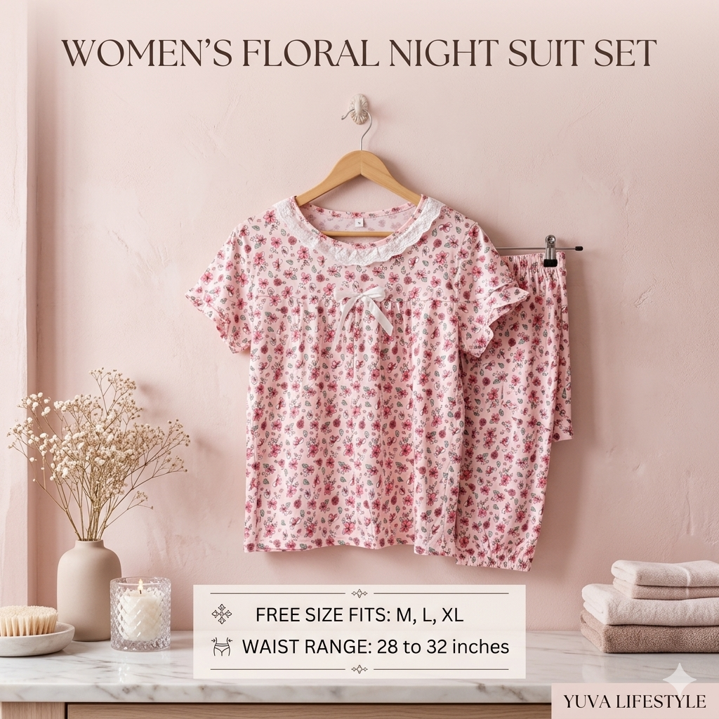 Women’s Floral Print Cotton Blend Nightsuit Set – Short Sleeve Top & Pyjama