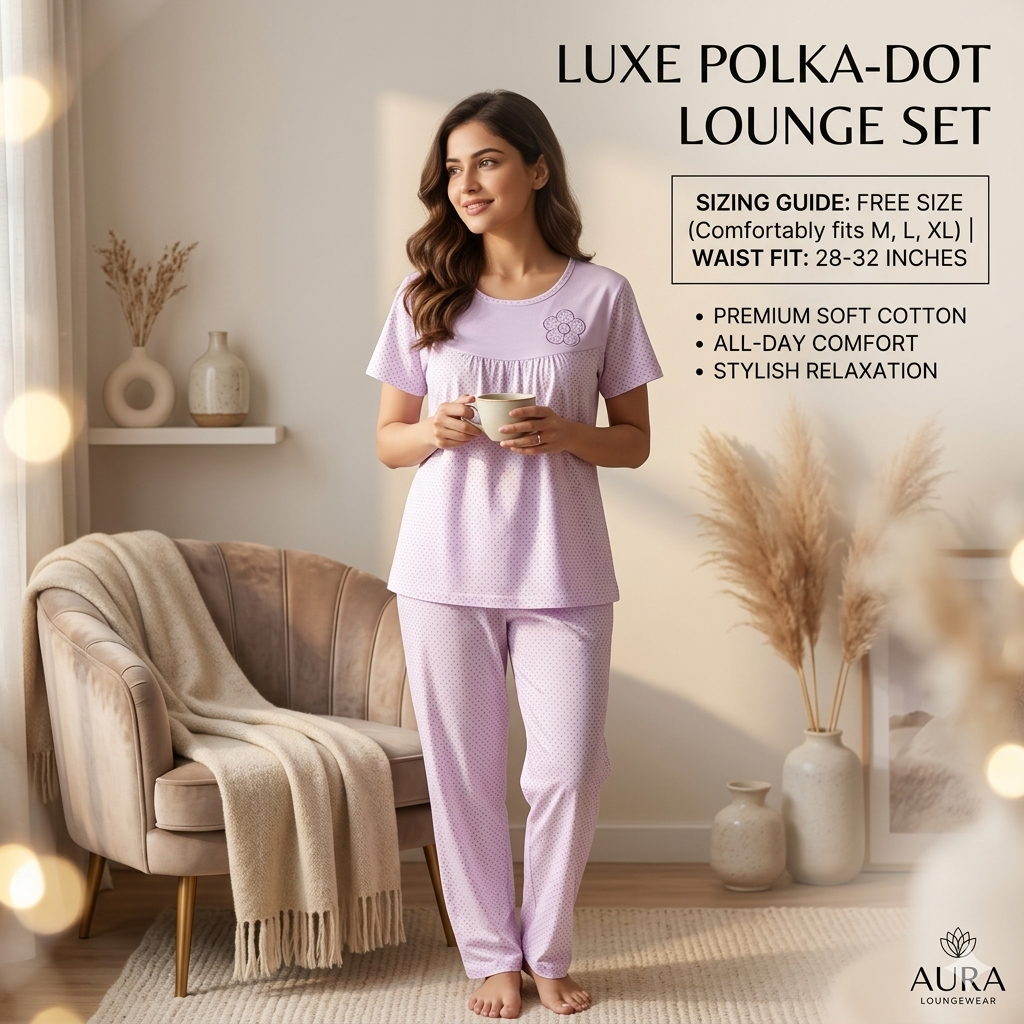 Soft Floral Accent Polka Print Loungewear Set for Women – Breathable Cotton Nightsuit
