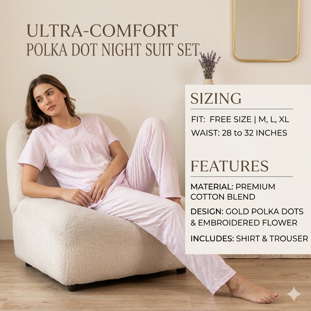 Soft Floral Accent Polka Print Loungewear Set for Women – Breathable Cotton Nightsuit