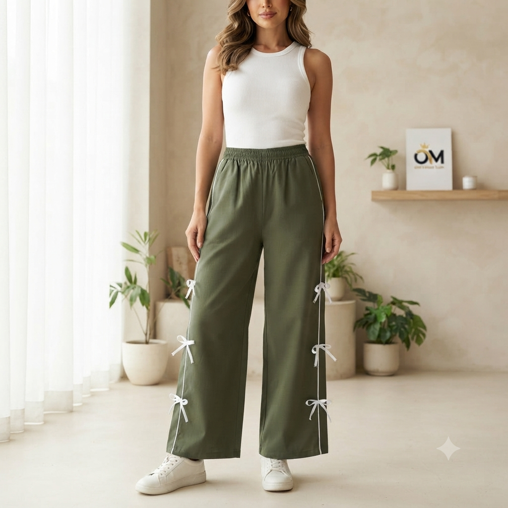 Women's Olive Green Wide-Leg Trousers with White Side Bow Accents