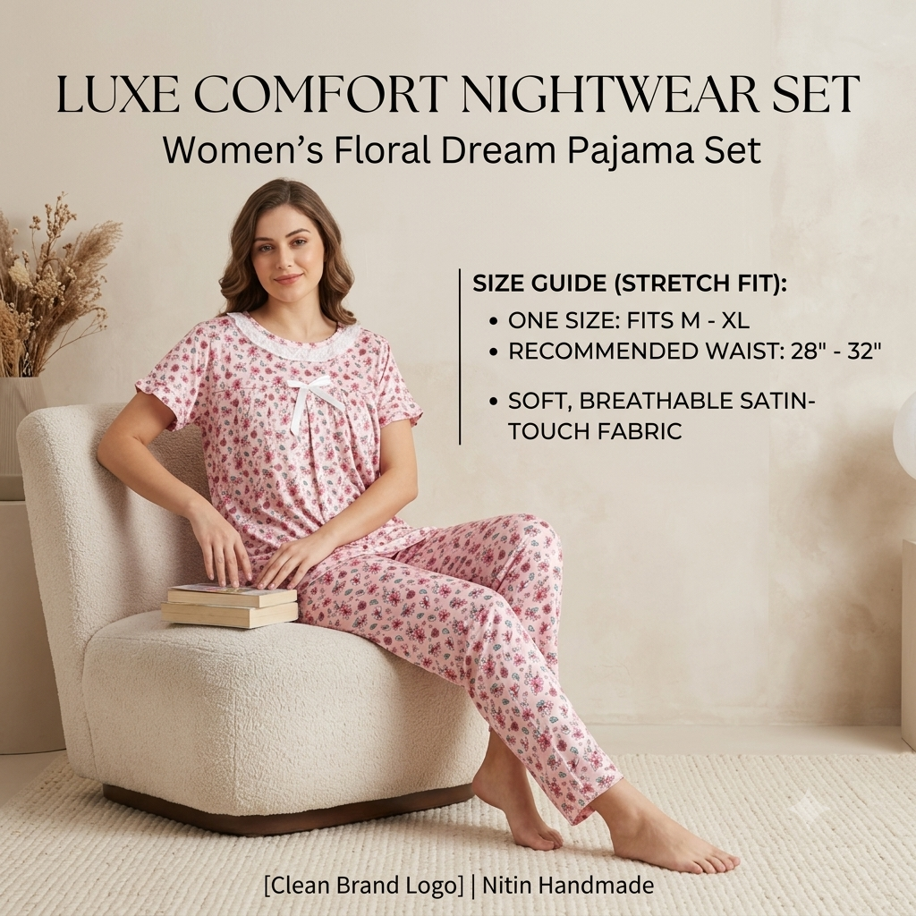 Women’s Floral Print Cotton Blend Nightsuit Set – Short Sleeve Top & Pyjama