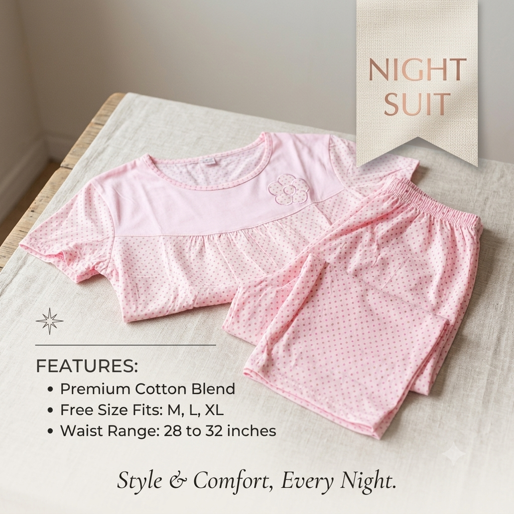 Women's Soft Cotton Polka Dot Nightsuit Set – Short Sleeve Top & Pajamas (Free Size)