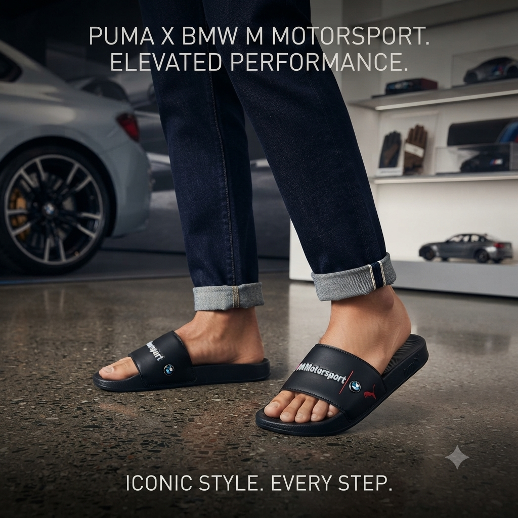 Men’s Premium Motorsport Style Black Slide Slippers – Cushioned Comfort & Anti-Slip Sole