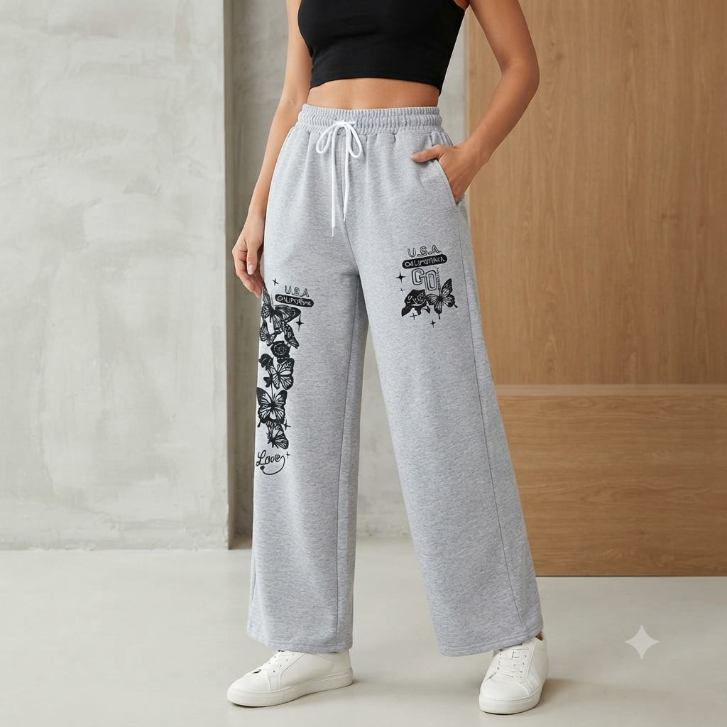 Women’s Wide Leg Butterfly Printed Grey Joggers | High-Waisted Fleece Lounge Pants
