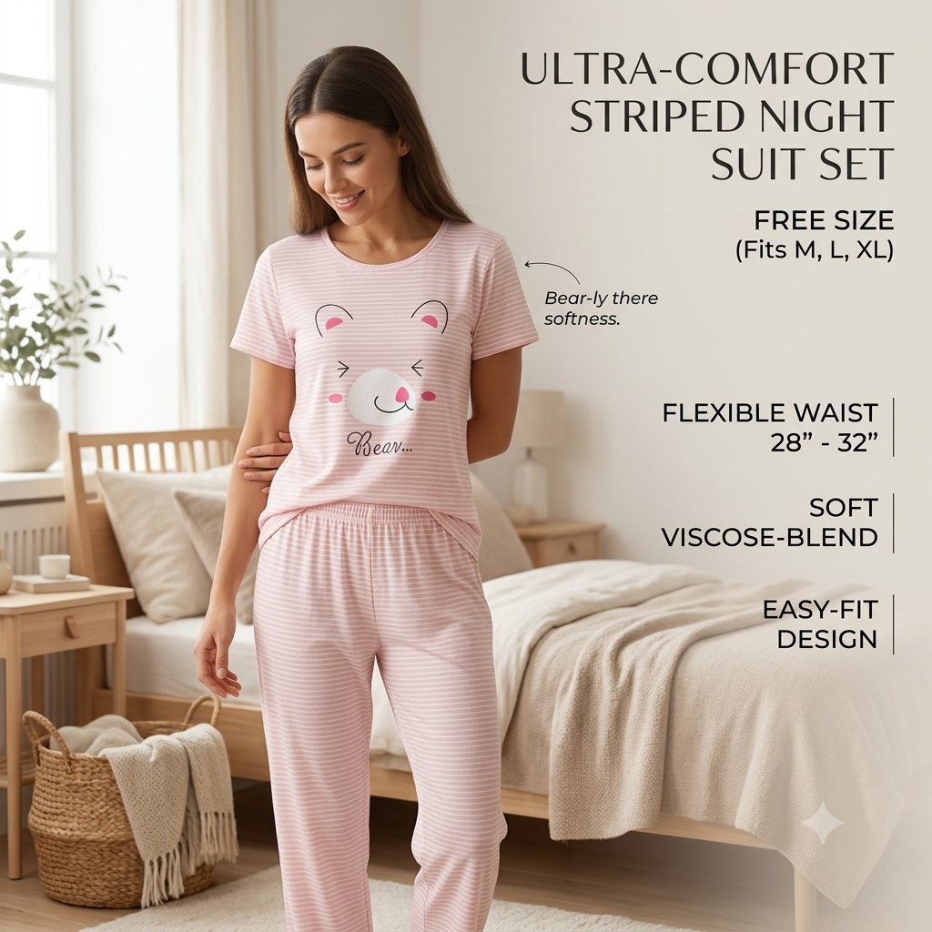 Women’s Soft Cotton Blend Cute Bear Striped Nightsuit Set – T-Shirt & Pyjama Lounge Wear