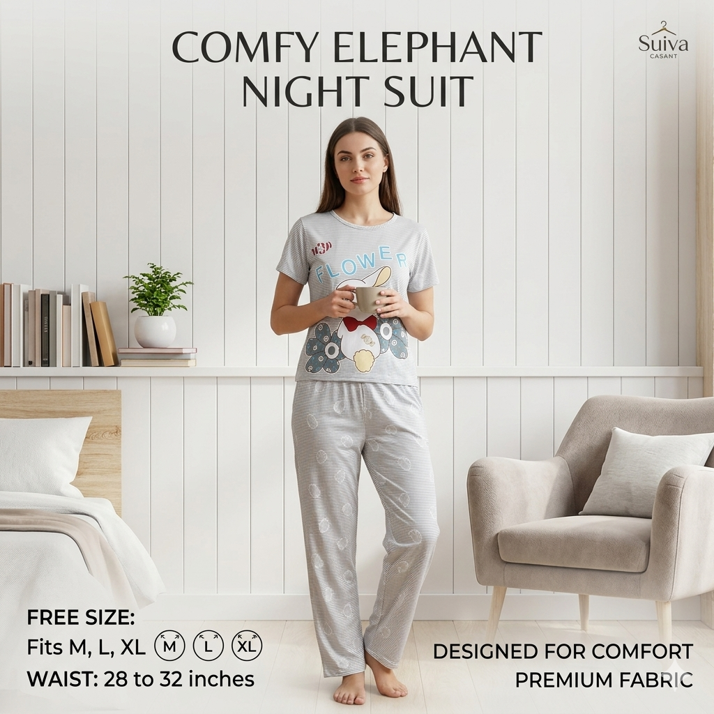 Women's Cute Bunny Print Cotton-Blend Nightwear Set – Round Neck T-Shirt & Pyjama Lounge Set
