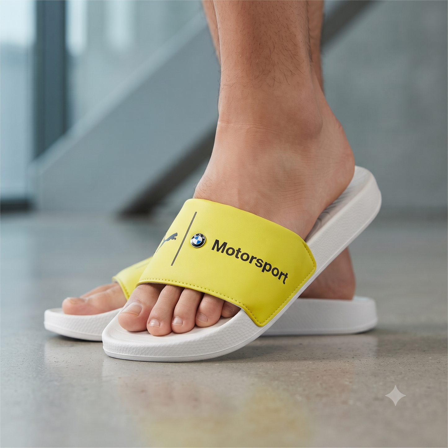 Premium Yellow Motorsport-Inspired Casual Sliders for Men – Cushioned Comfort & Stylish Everyday Slip-On Sandals