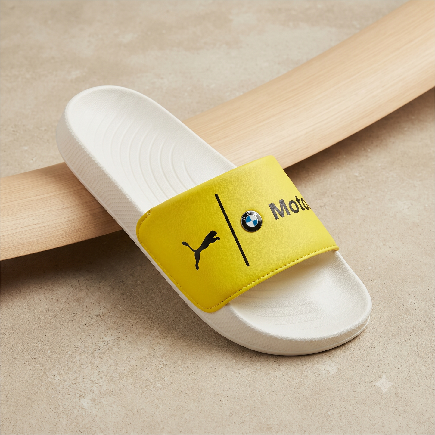 Premium Yellow Motorsport-Inspired Casual Sliders for Men – Cushioned Comfort & Stylish Everyday Slip-On Sandals