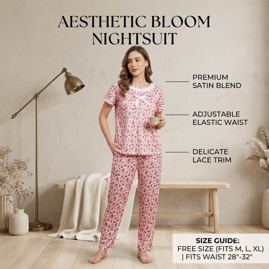 Women’s Floral Print Cotton Blend Nightsuit Set – Short Sleeve Top & Pyjama