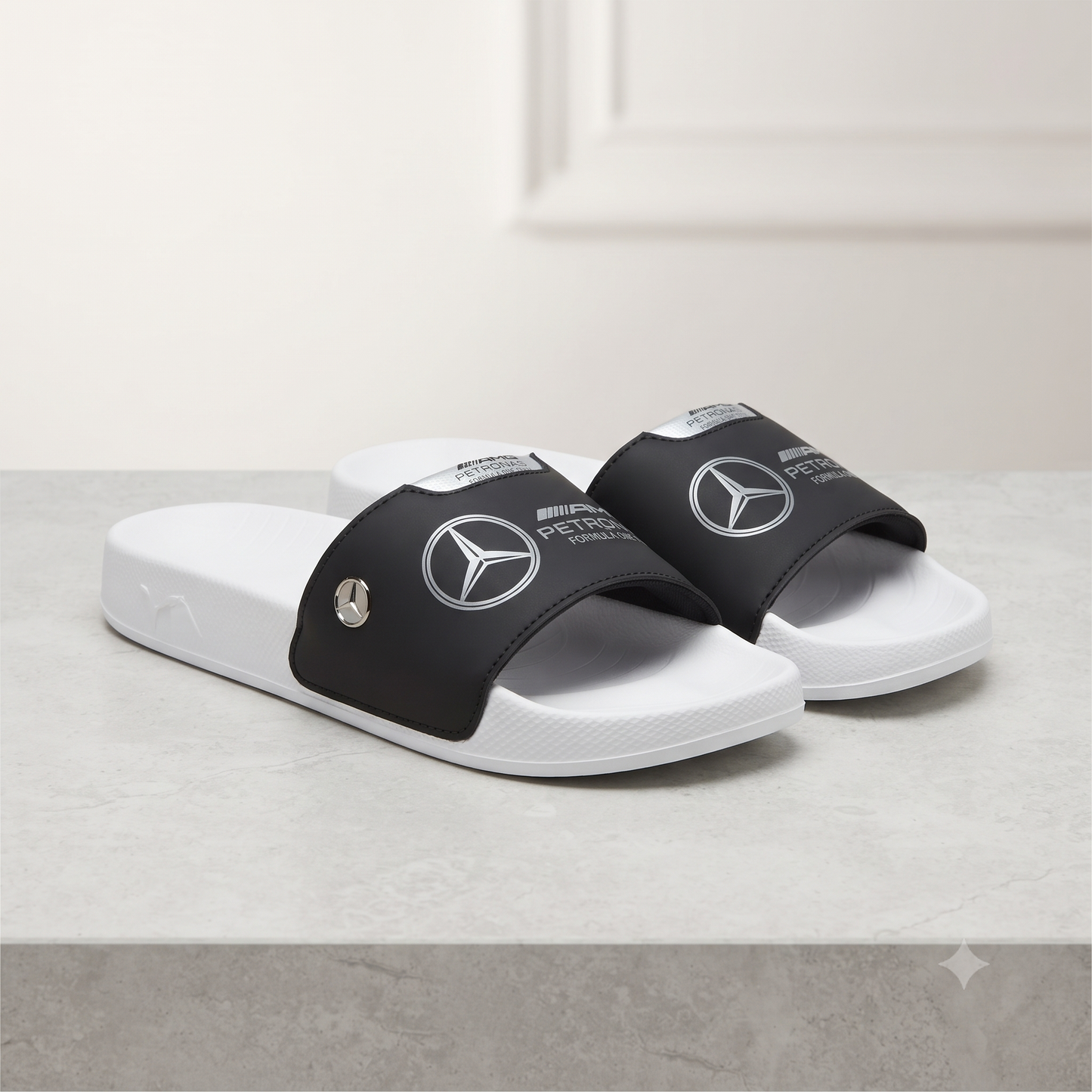 Mercedes-AMG Petronas F1 Casual Comfort Slippers / Slides (White/Black)