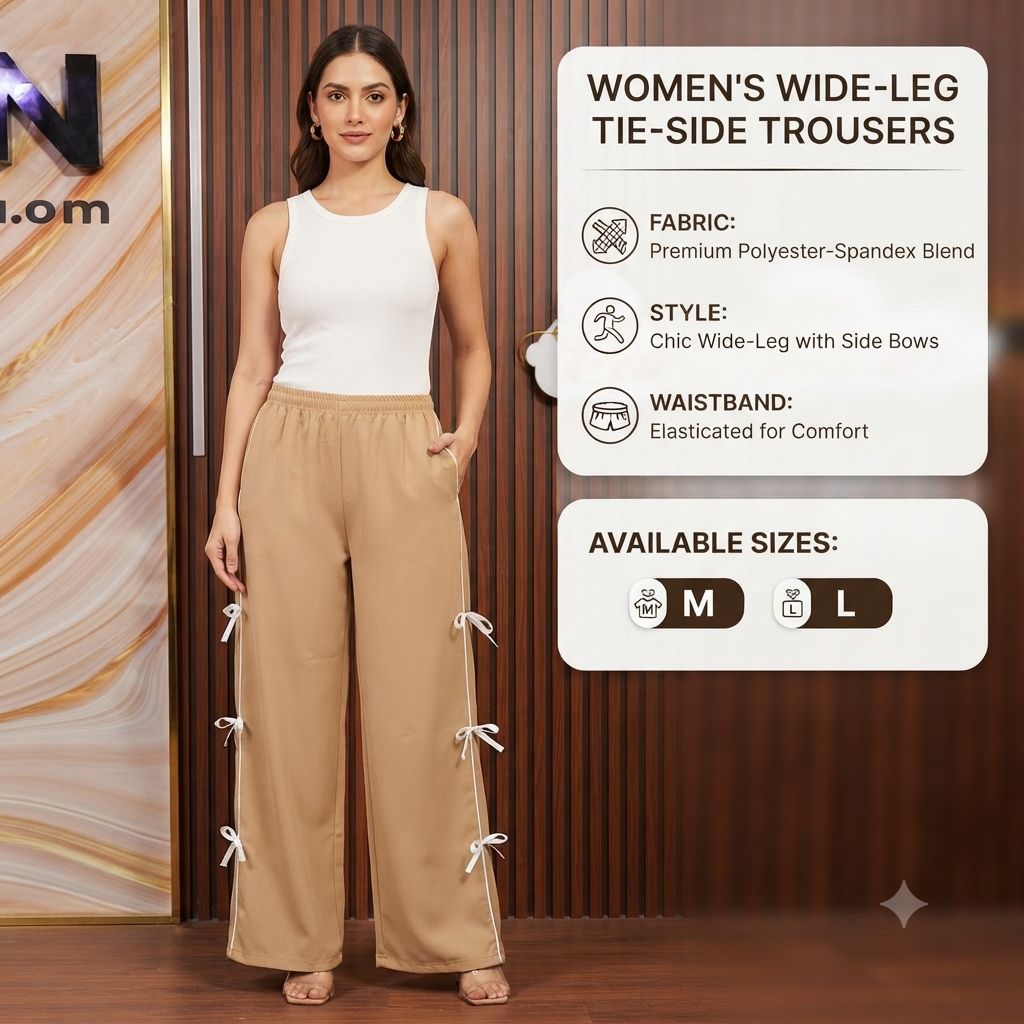 Women’s Elegant Beige Track Pants / Wide-Leg Trousers with Elastic Waist & Bow Trim