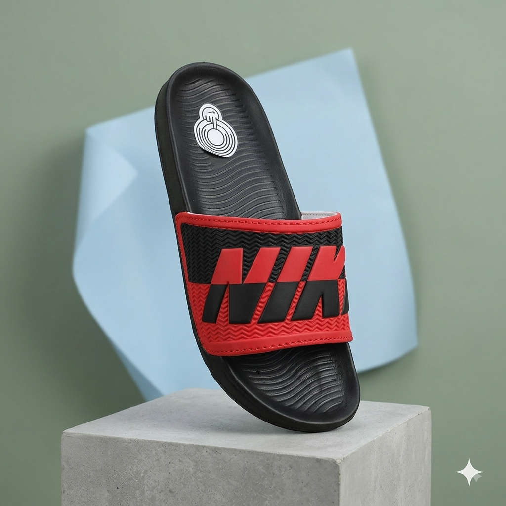 Men’s Black & Red Stylish Sliders | Comfortable Casual Slip-On Slippers for Everyday Wear