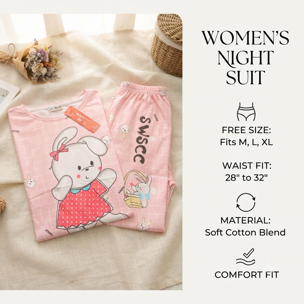 Women’s Cozy Bunny Print Cotton Nightsuit Set – Short Sleeve Top & Pajama Set