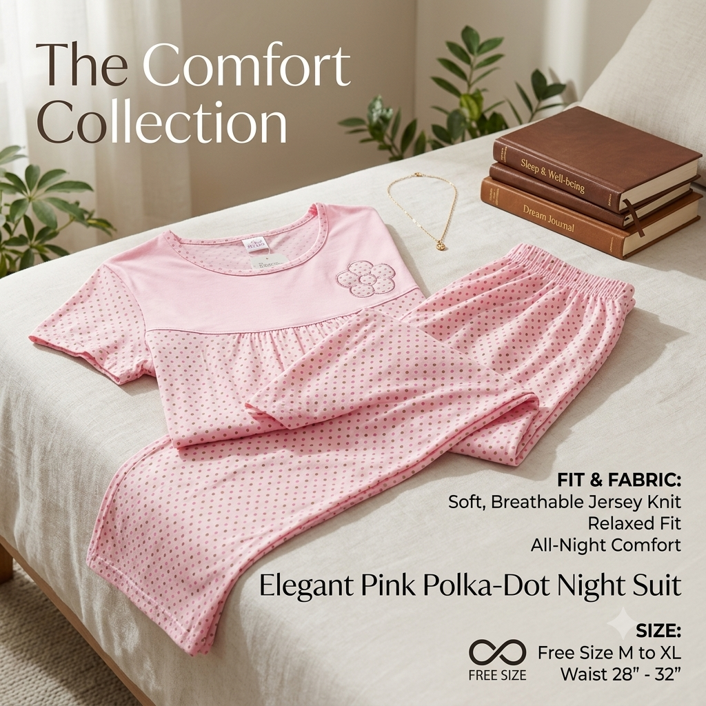 Women's Soft Cotton Polka Dot Nightsuit Set – Short Sleeve Top & Pajamas (Free Size)