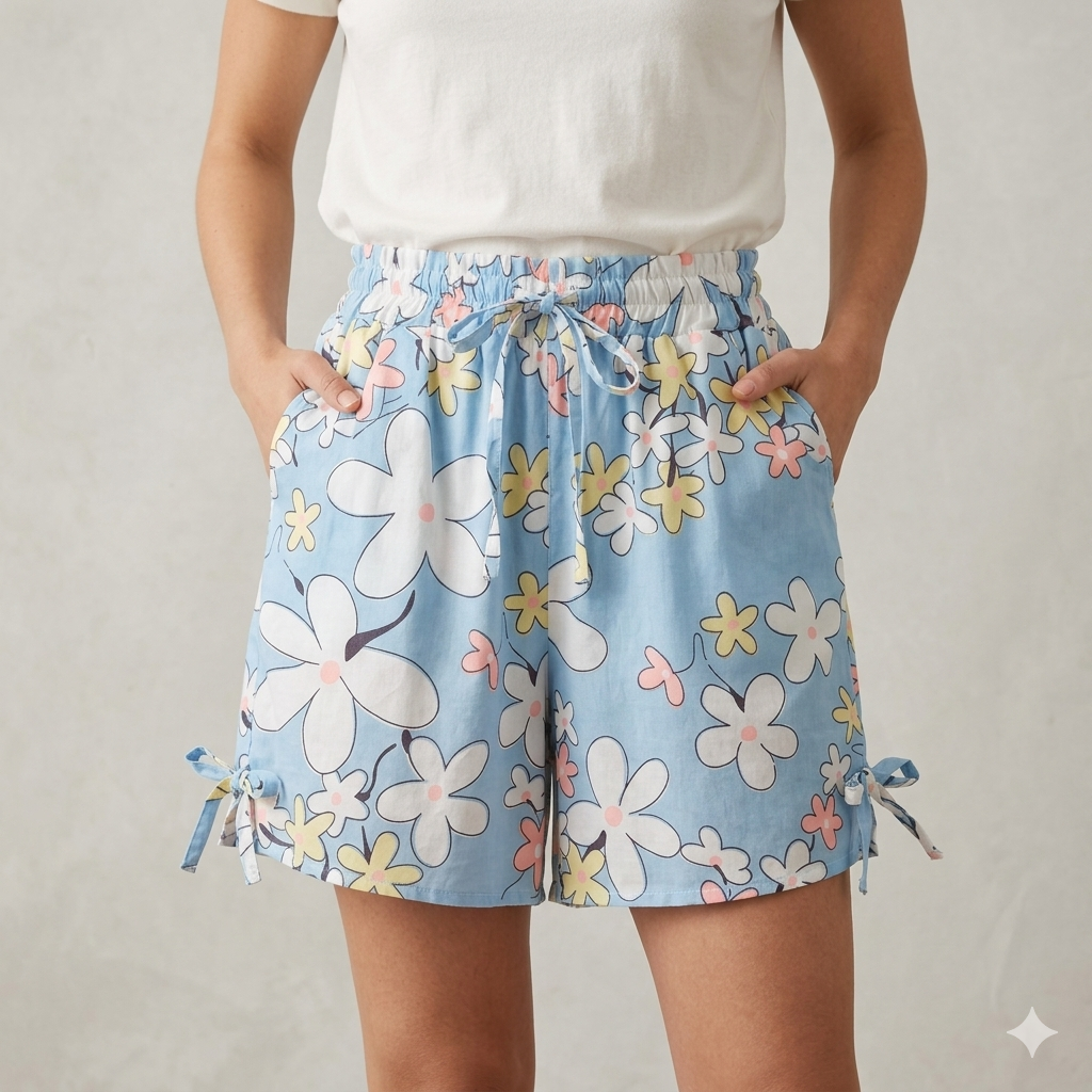 Casual Blue Floral Print High-Waisted Shorts with Tie Detail