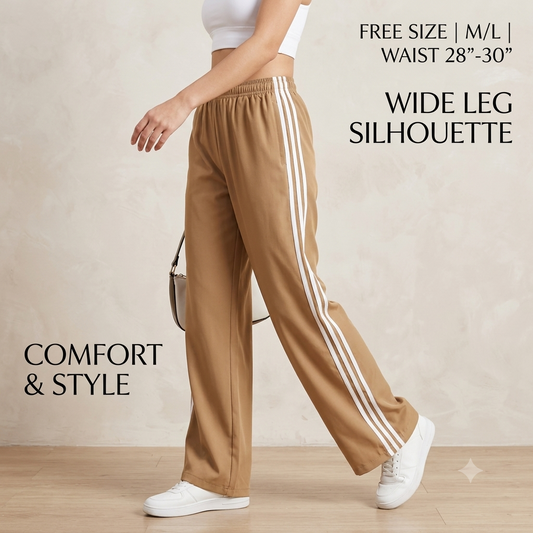Women's Relaxed-Fit Wide-Leg Lower with Contrast Side Stripes (Beige)