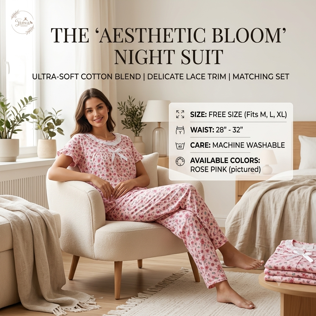 Women’s Floral Print Cotton Blend Nightsuit Set – Short Sleeve Top & Pyjama