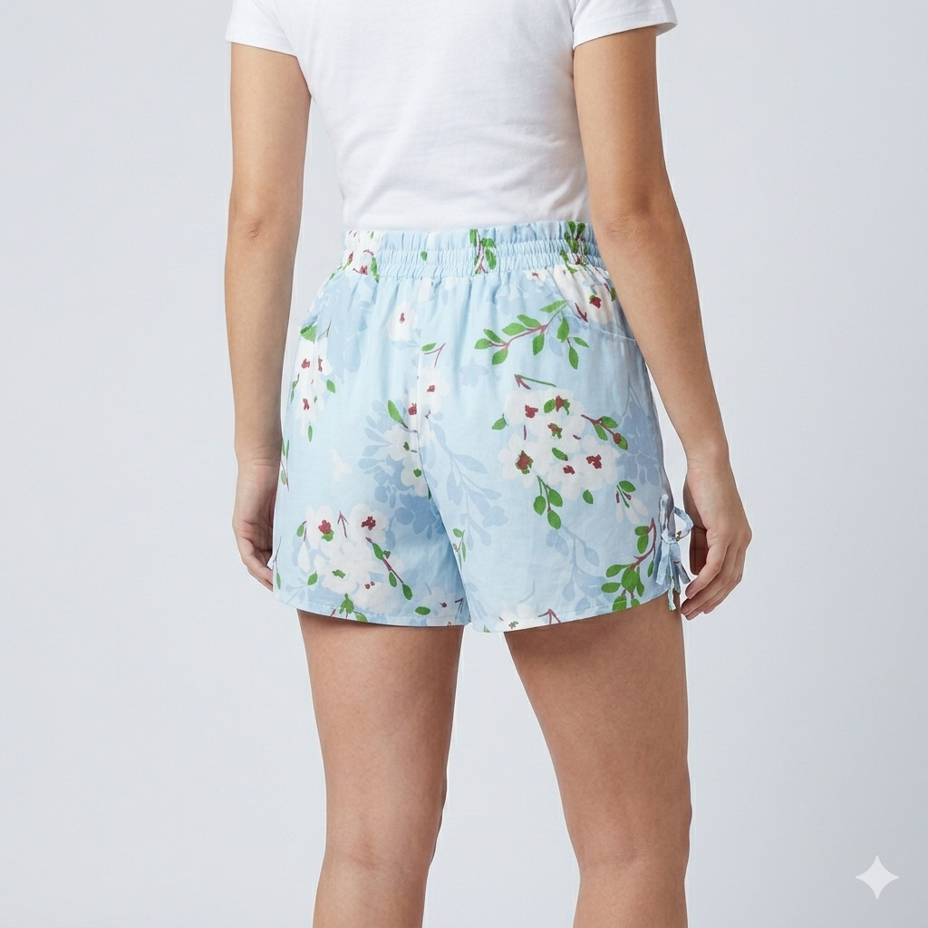 Azure Blossom Floral Print High-Rise Shorts with Side Tie Detail