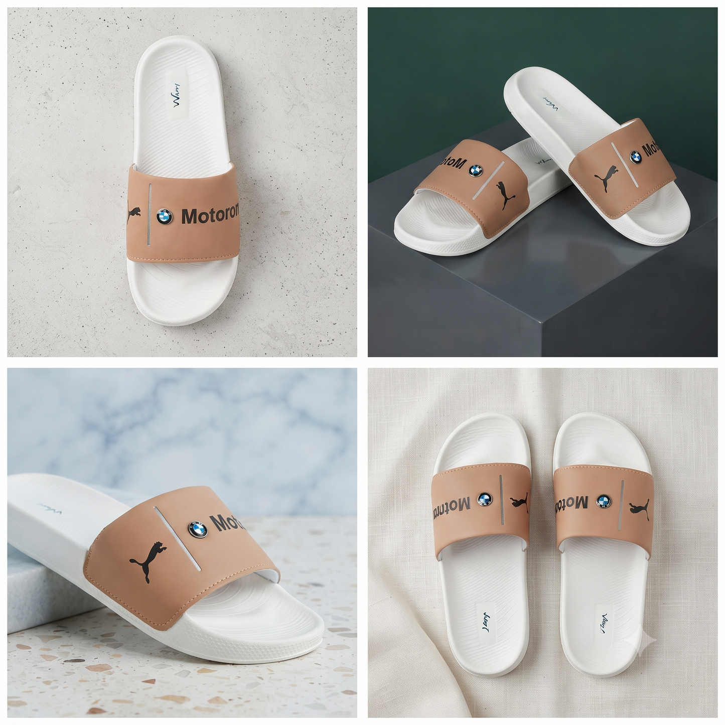 Premium White & Tan Motorsport-Inspired Casual Slides for Men | Stylish Everyday Slip-On Sandals