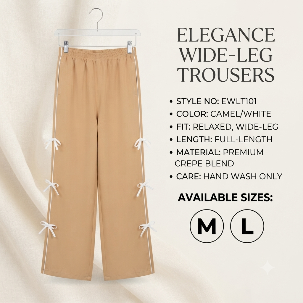 Women’s Elegant Beige Track Pants / Wide-Leg Trousers with Elastic Waist & Bow Trim