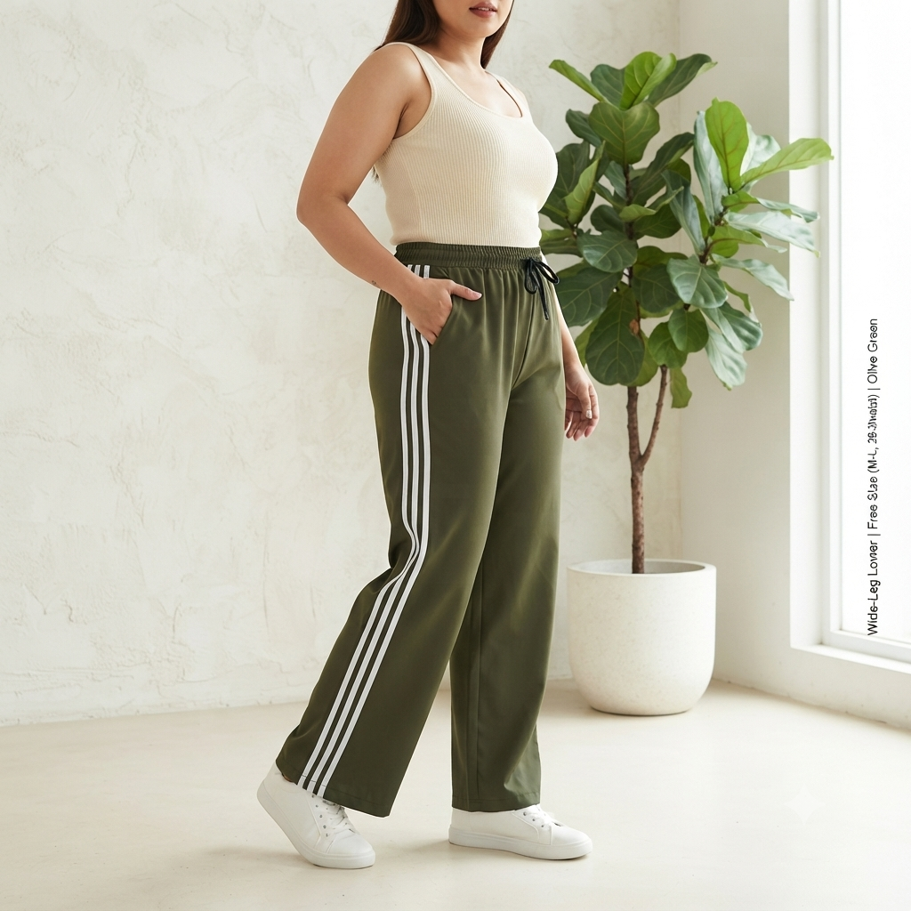 Women’s Olive Green Wide-Leg Track Pants with Side Stripe | High-Waist Casual Lower