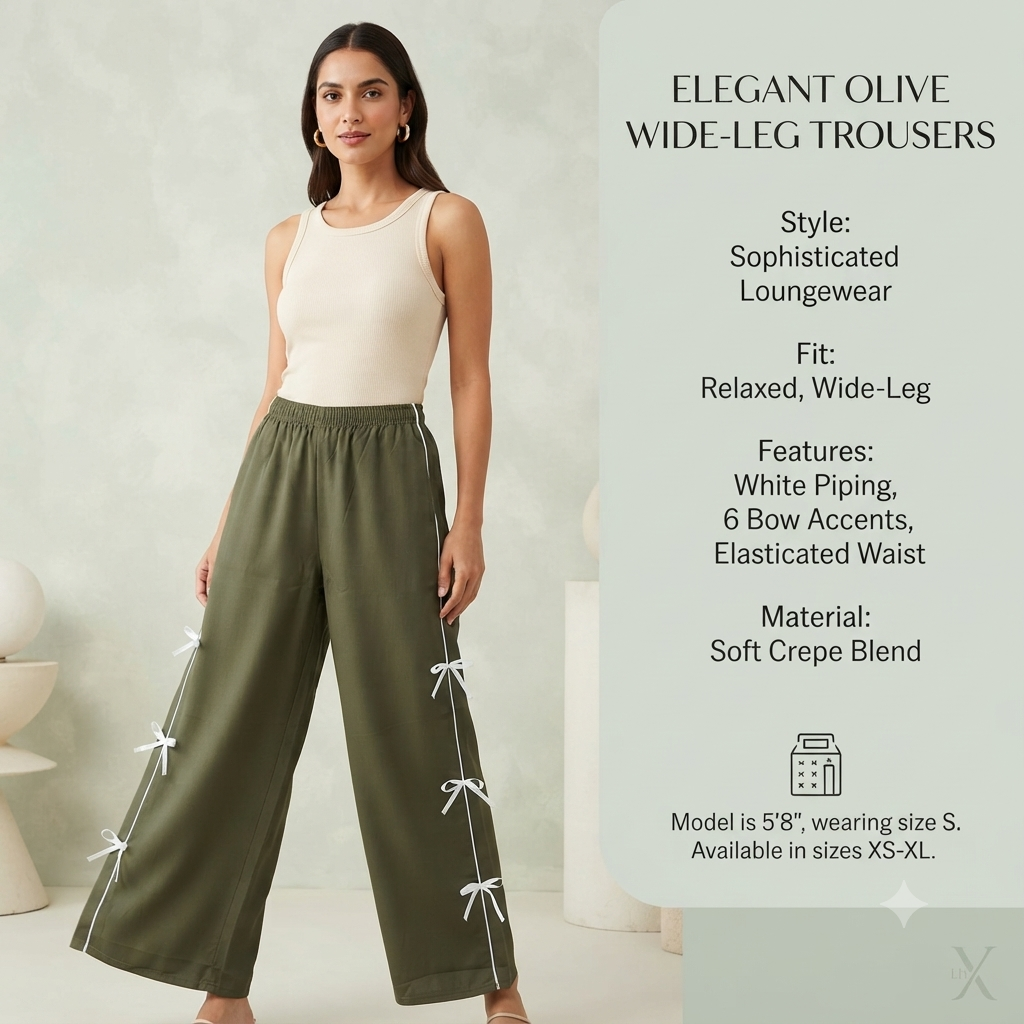 Women's Olive Green Wide-Leg Trousers with White Side Bow Accents