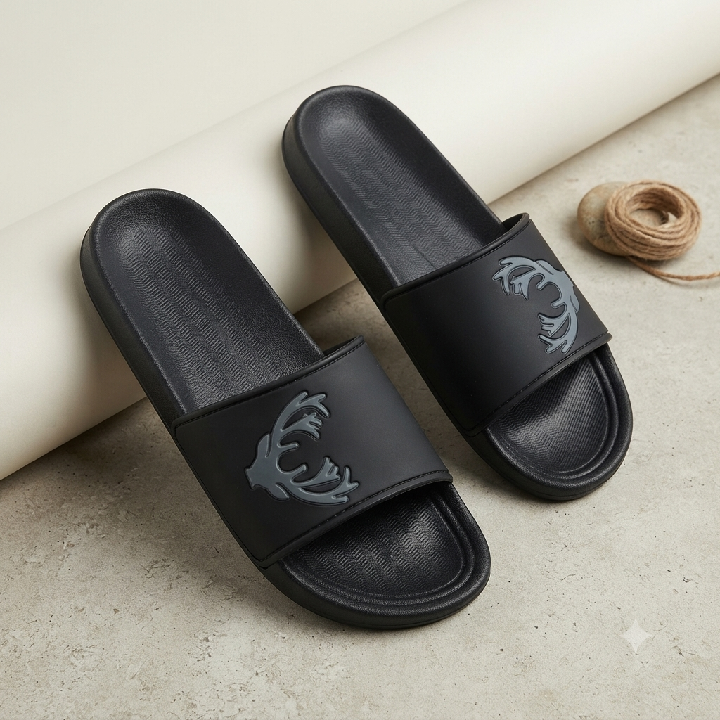 Premium Black Comfort Slide Slippers for Men & Women – Stylish Embossed Design Casual Slip-On Sandals