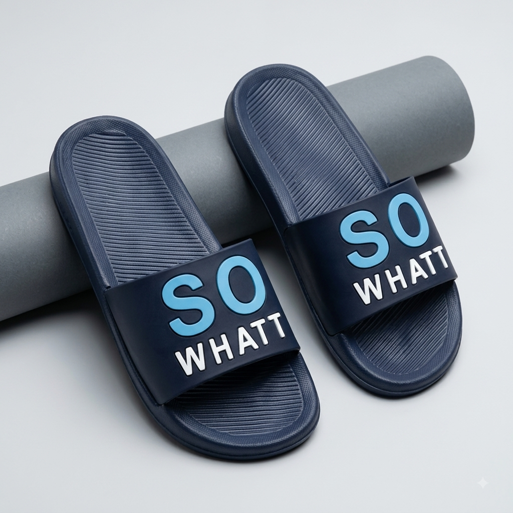 Men’s Navy Blue SO WHATT Printed Sliders – Stylish Casual Slip-On Sandals for Everyday Wear