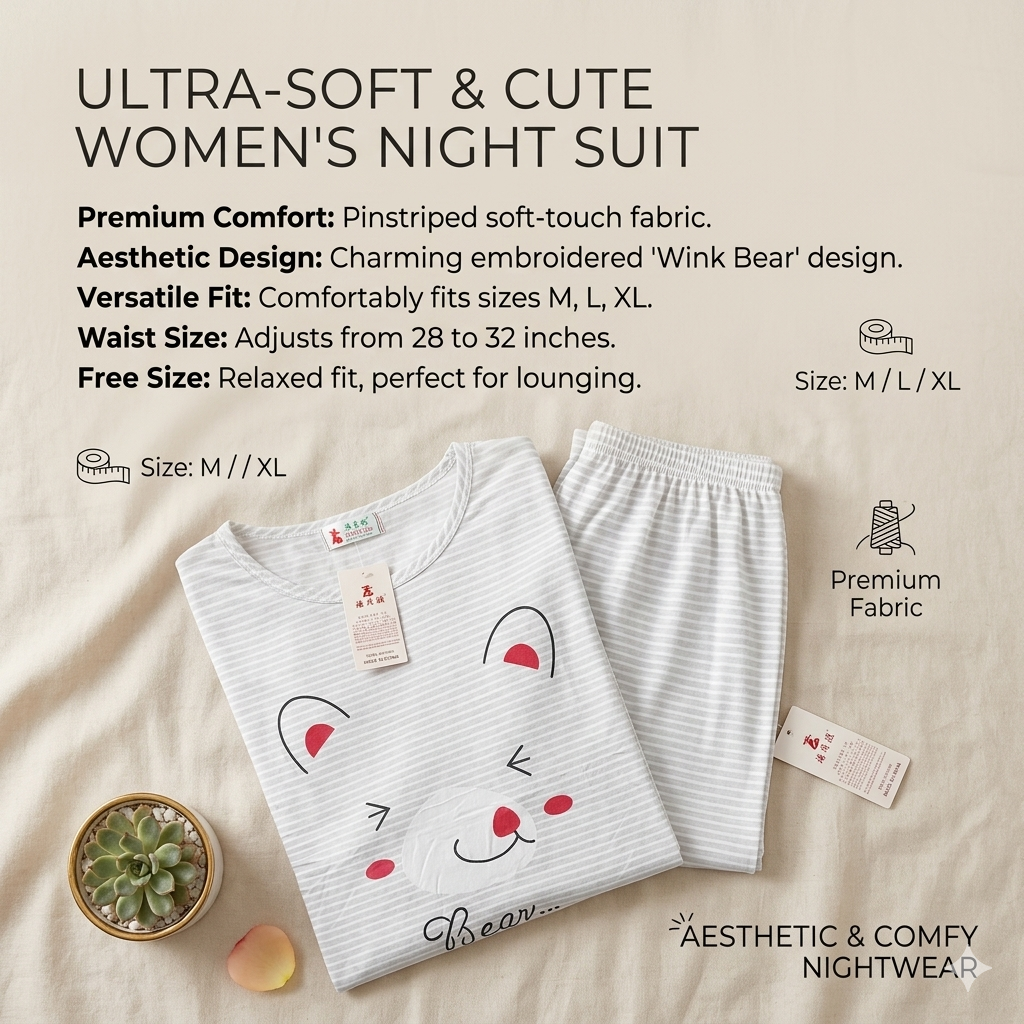 Women’s Cozy Bear Print Cotton-Blend Nightsuit | Soft Striped T-Shirt & Pyjama Lounge Set