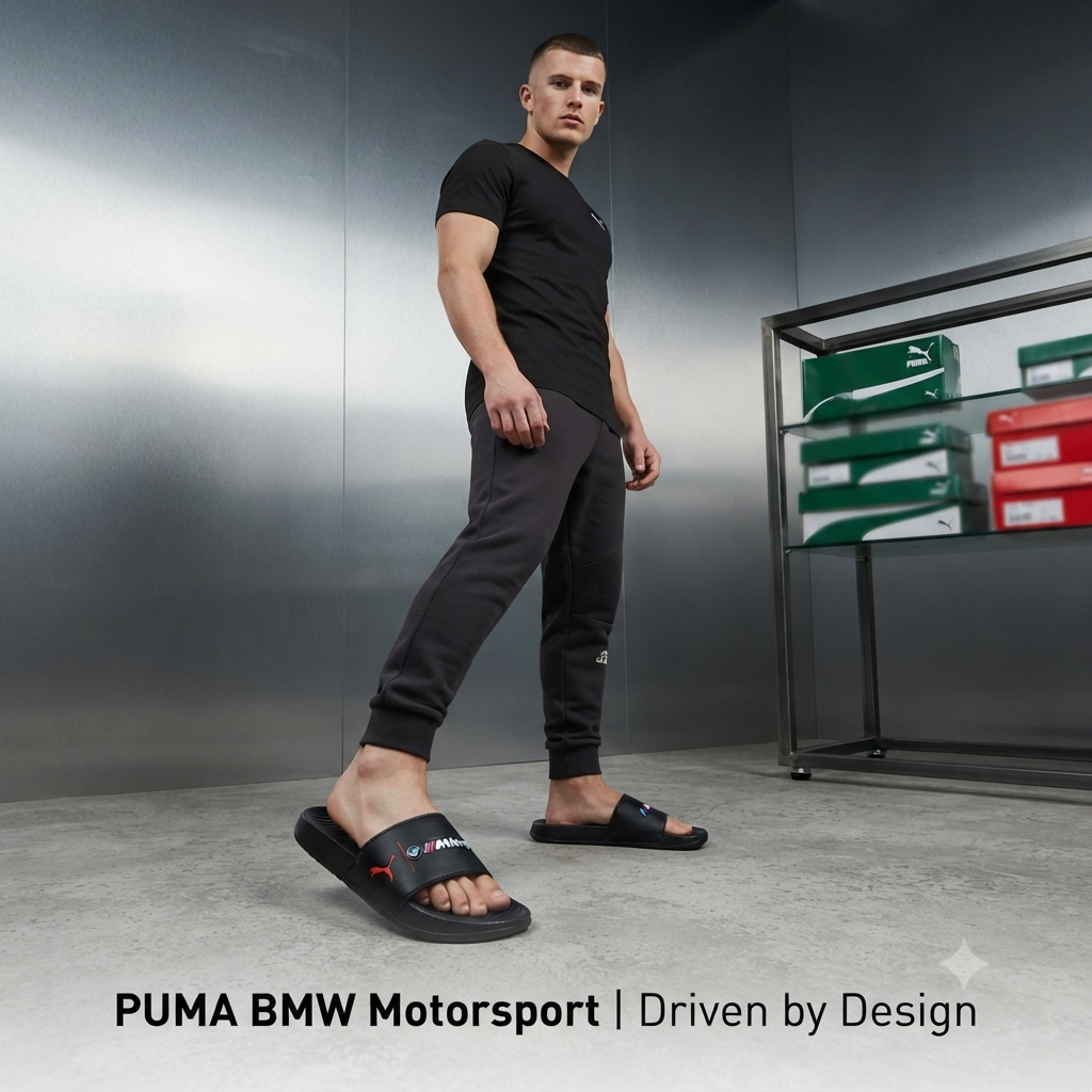 Men’s Premium Motorsport Style Black Slide Slippers – Cushioned Comfort & Anti-Slip Sole
