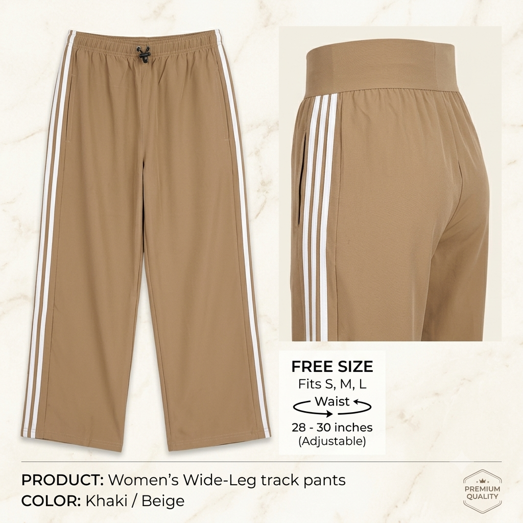 Women's Relaxed-Fit Wide-Leg Lower with Contrast Side Stripes (Beige)