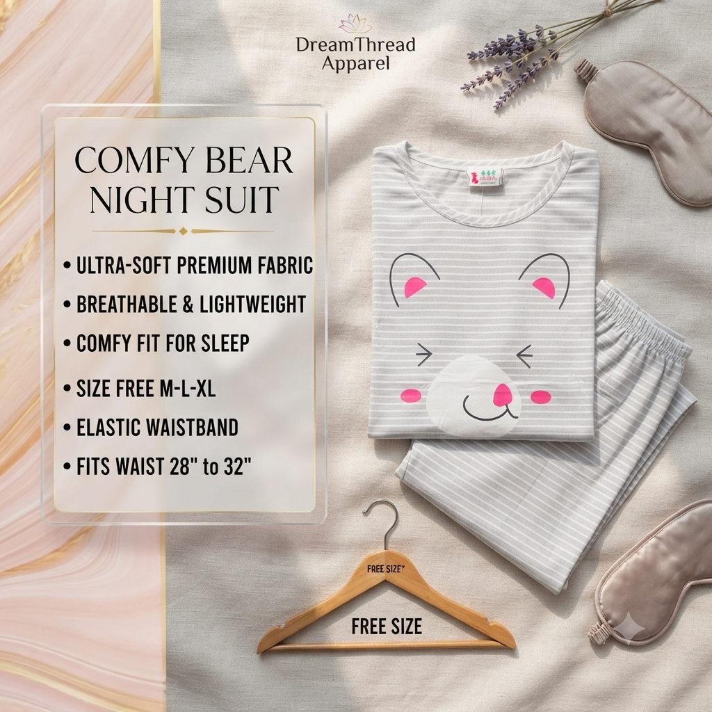 Women’s Cozy Bear Print Cotton-Blend Nightsuit | Soft Striped T-Shirt & Pyjama Lounge Set