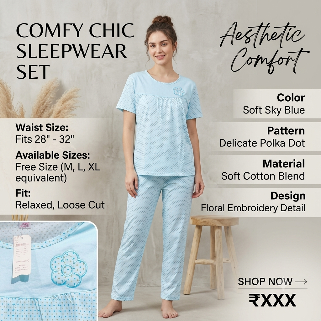 Women's Light Blue Polka Dot Cotton-Blend Nightsuit Set – Short Sleeve Top & Pajama Pants