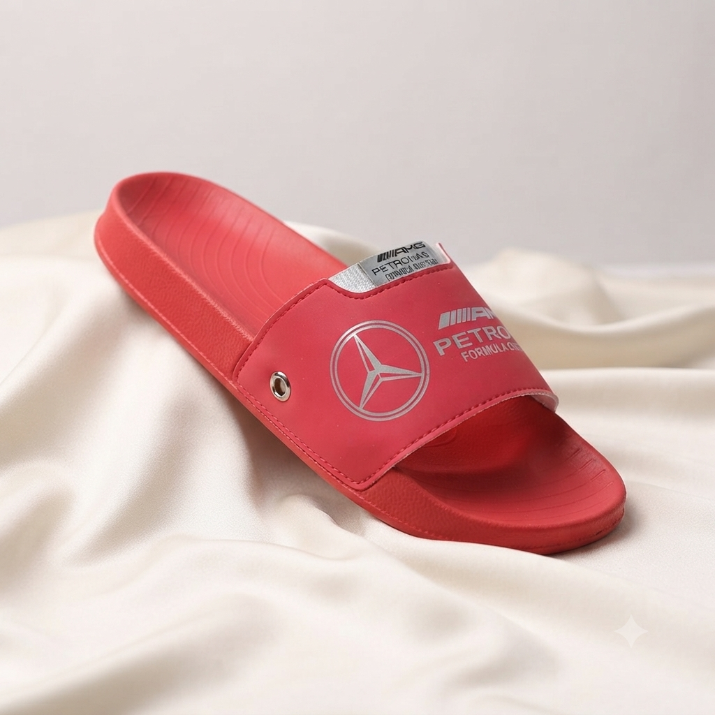 Premium Red Motorsport Formula One Style Men’s Sliders | Cushioned Casual Slip-On Sandals