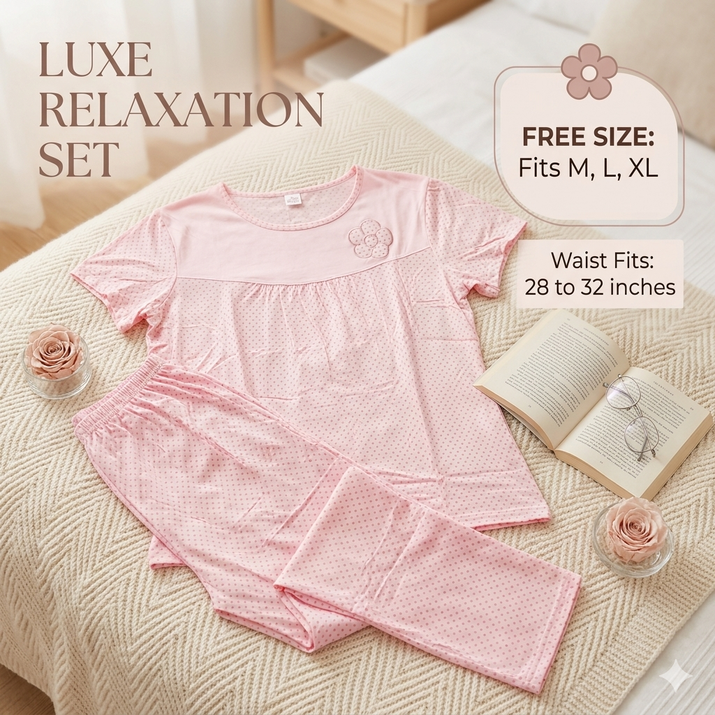 Women's Soft Cotton Polka Dot Nightsuit Set – Short Sleeve Top & Pajamas (Free Size)