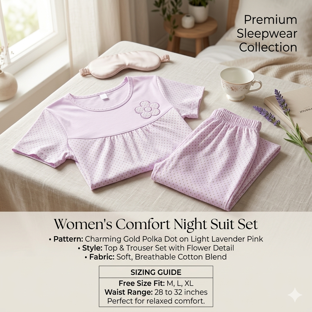 Soft Floral Accent Polka Print Loungewear Set for Women – Breathable Cotton Nightsuit