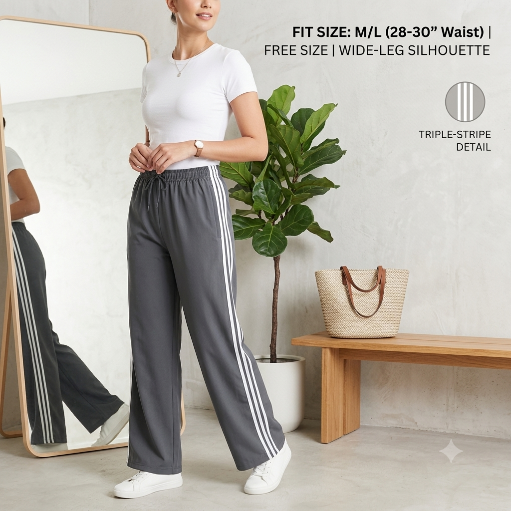 Women's Relaxed Wide-Leg Side-Stripe Trousers – Charcoal Grey Everyday Activewear